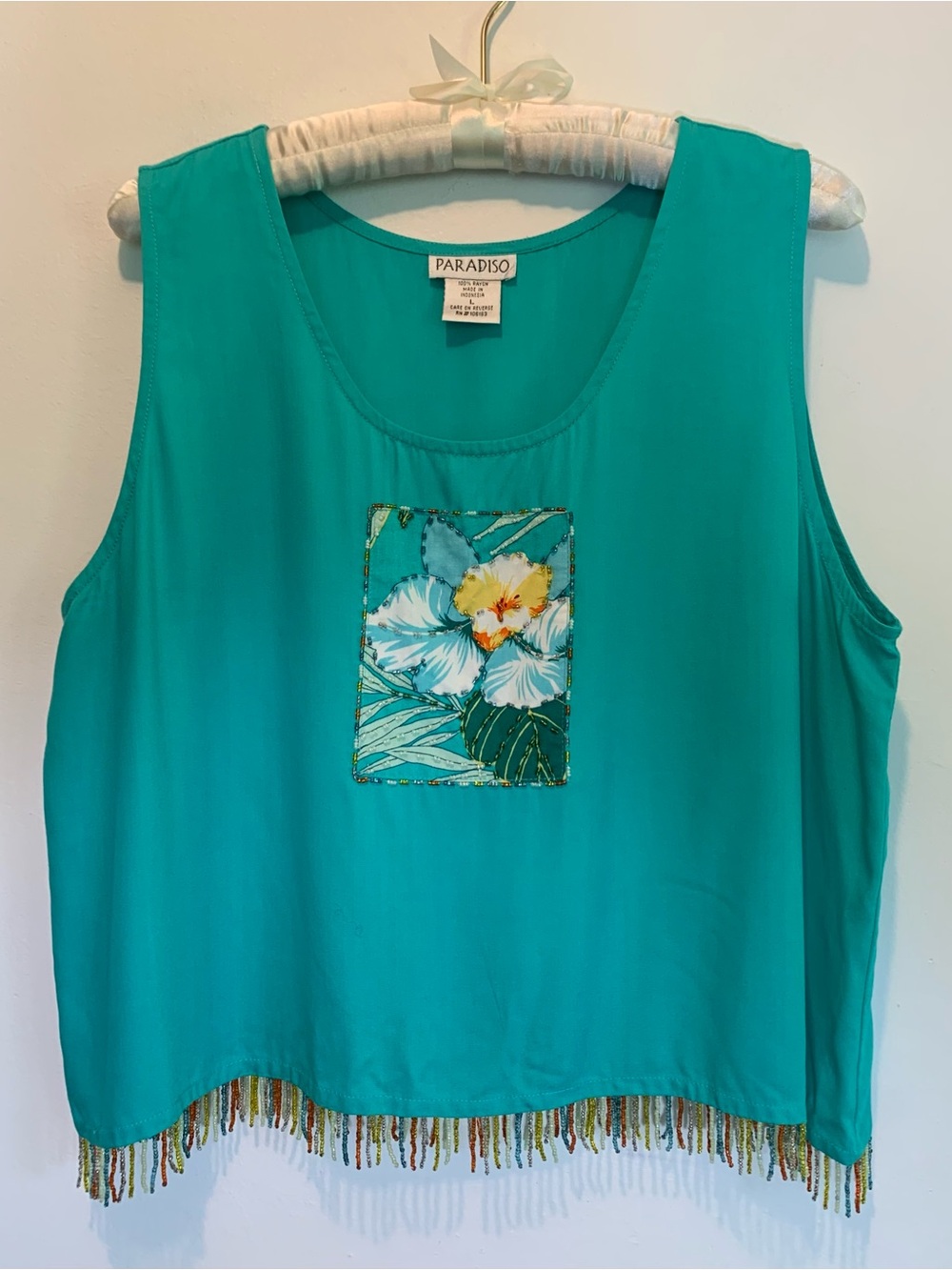 Paradiso Beachy Beaded Fringe Tank Top Teal Sea Green Large